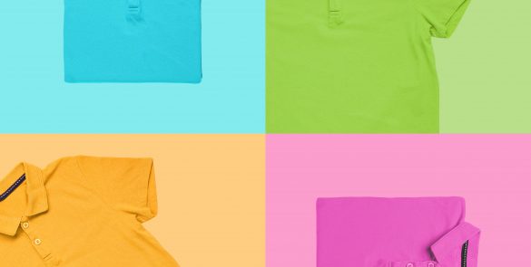 Different blank polo shirts on color background